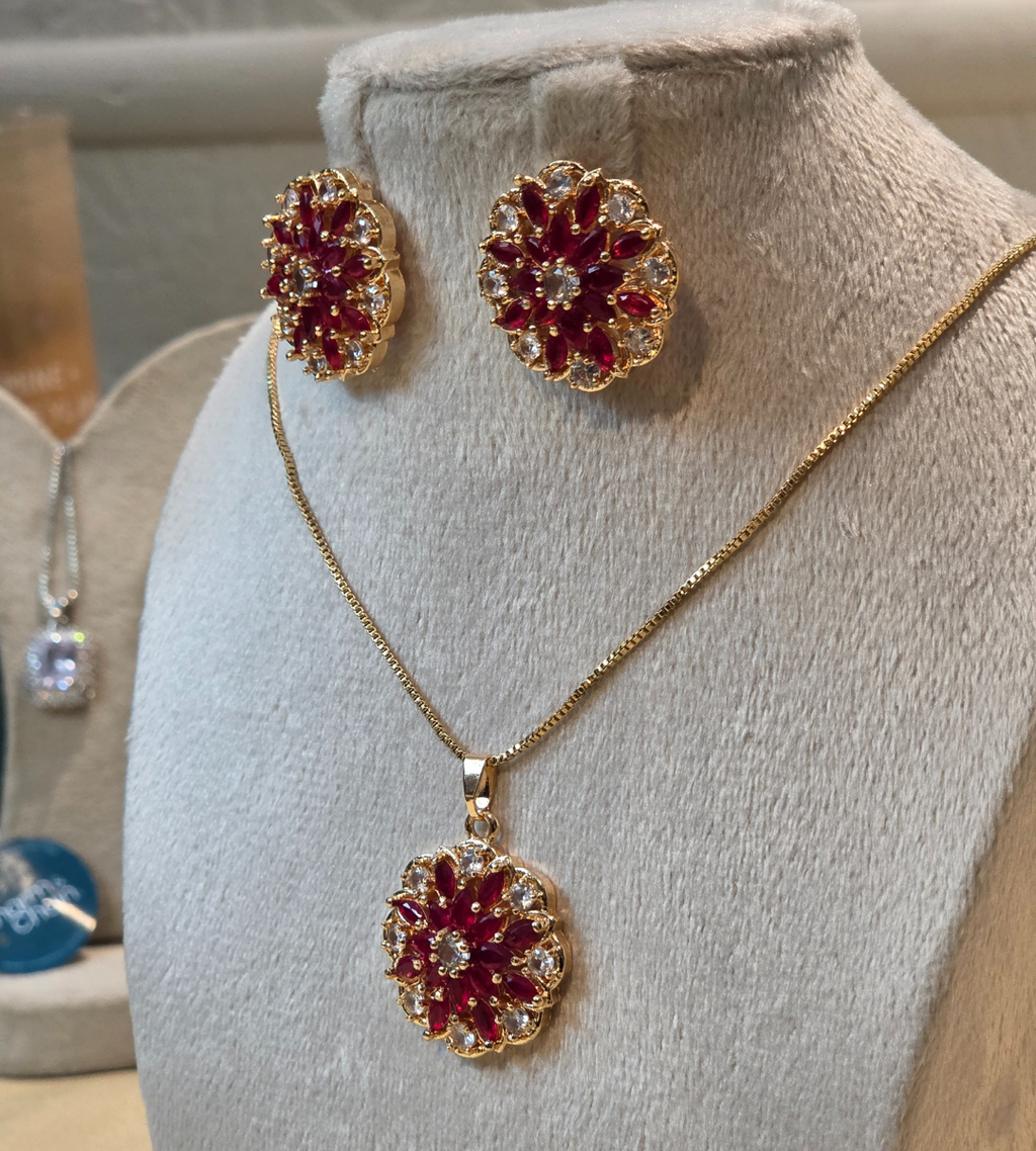 Gold-Plated Floral Pendant and Earring Set (Stone Color= Deep Red)
