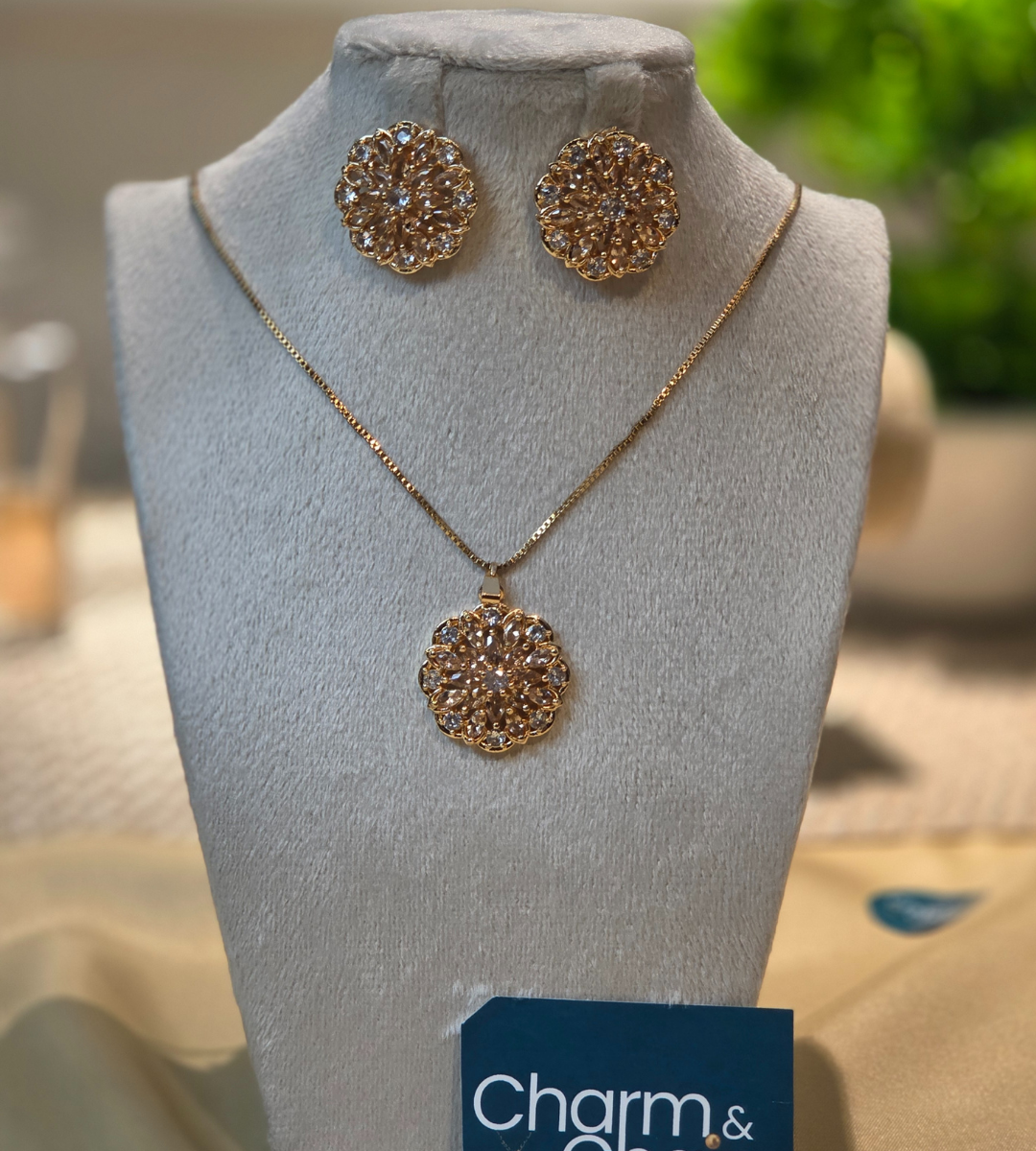Gold-Plated Sun Burst Pendant and Earring Set (Rose Gold)