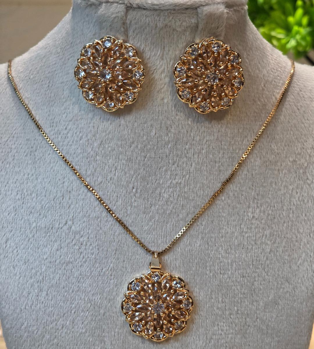 Gold-Plated Sun Burst Pendant and Earring Set (Rose Gold)