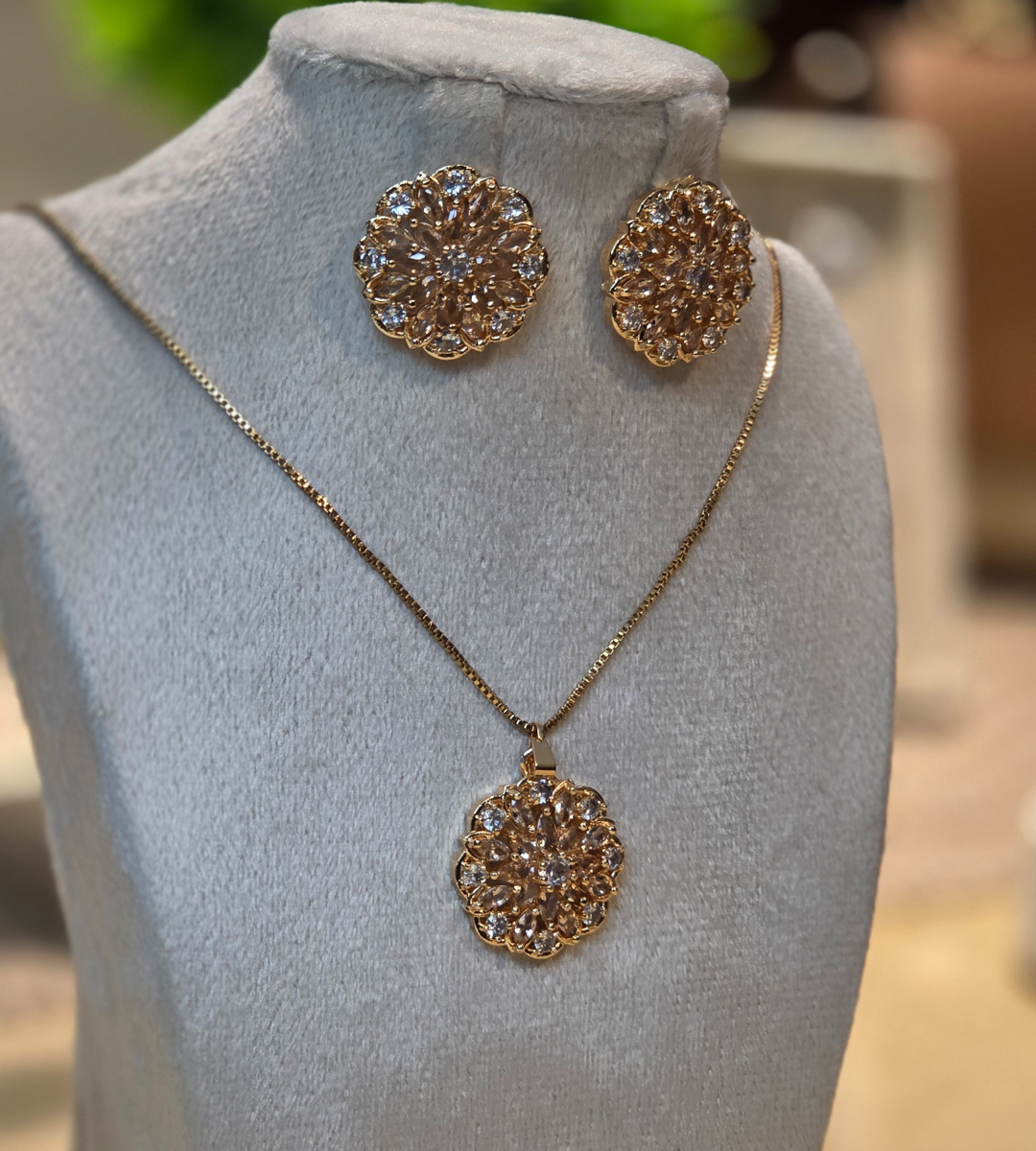 Gold-Plated Sun Burst Pendant and Earring Set (Rose Gold)
