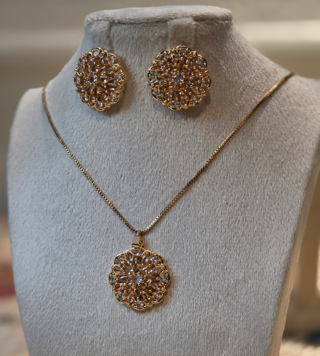 Gold-Plated Sun Burst Pendant and Earring Set (Rose Gold)