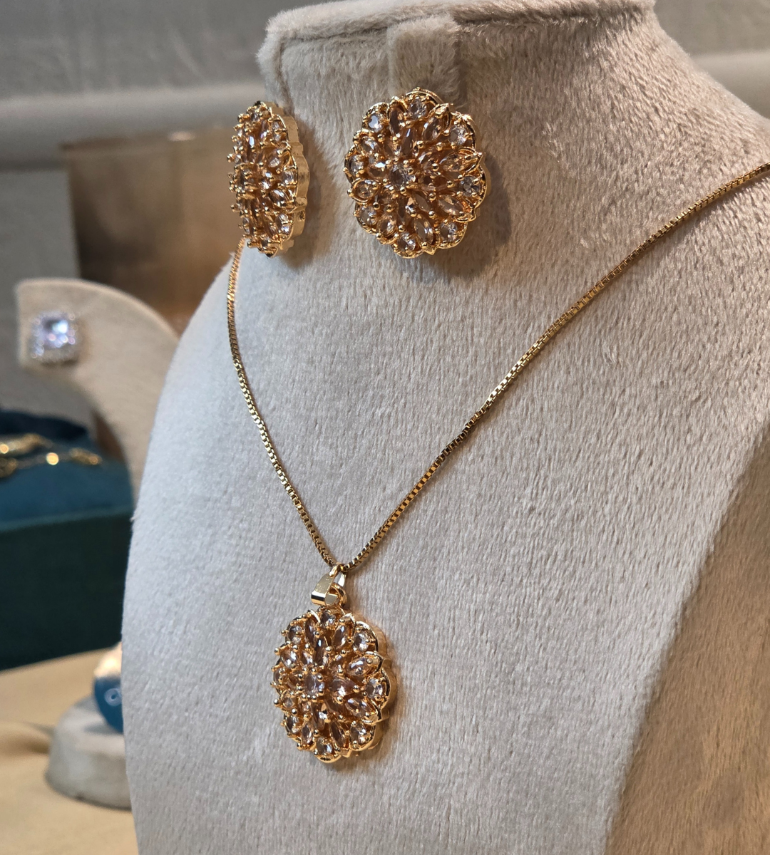 Gold-Plated Sun Burst Pendant and Earring Set (Rose Gold)