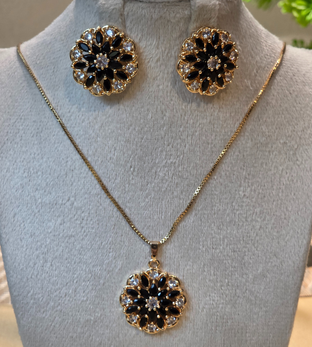 Gold-Plated Floral Pendant and Earring Set (Stone Color= Black)