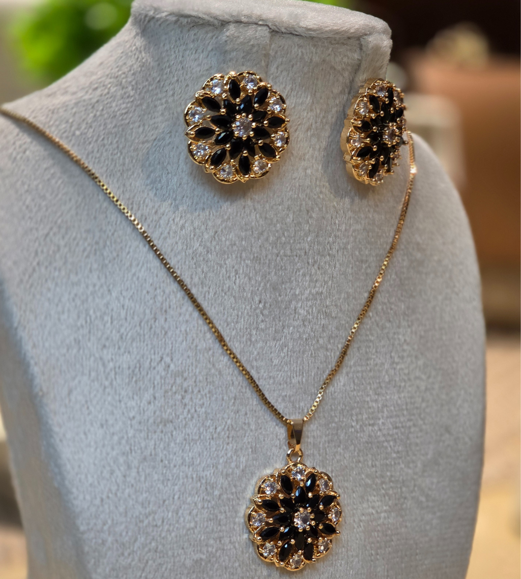 Gold-Plated Floral Pendant and Earring Set (Stone Color= Black)