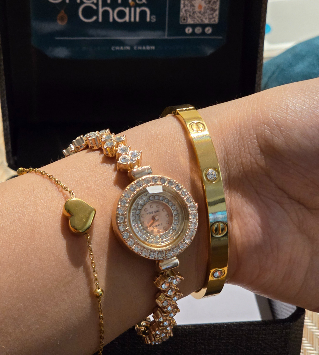 Rose Gold Watch + Cartier & Heart Bracelet