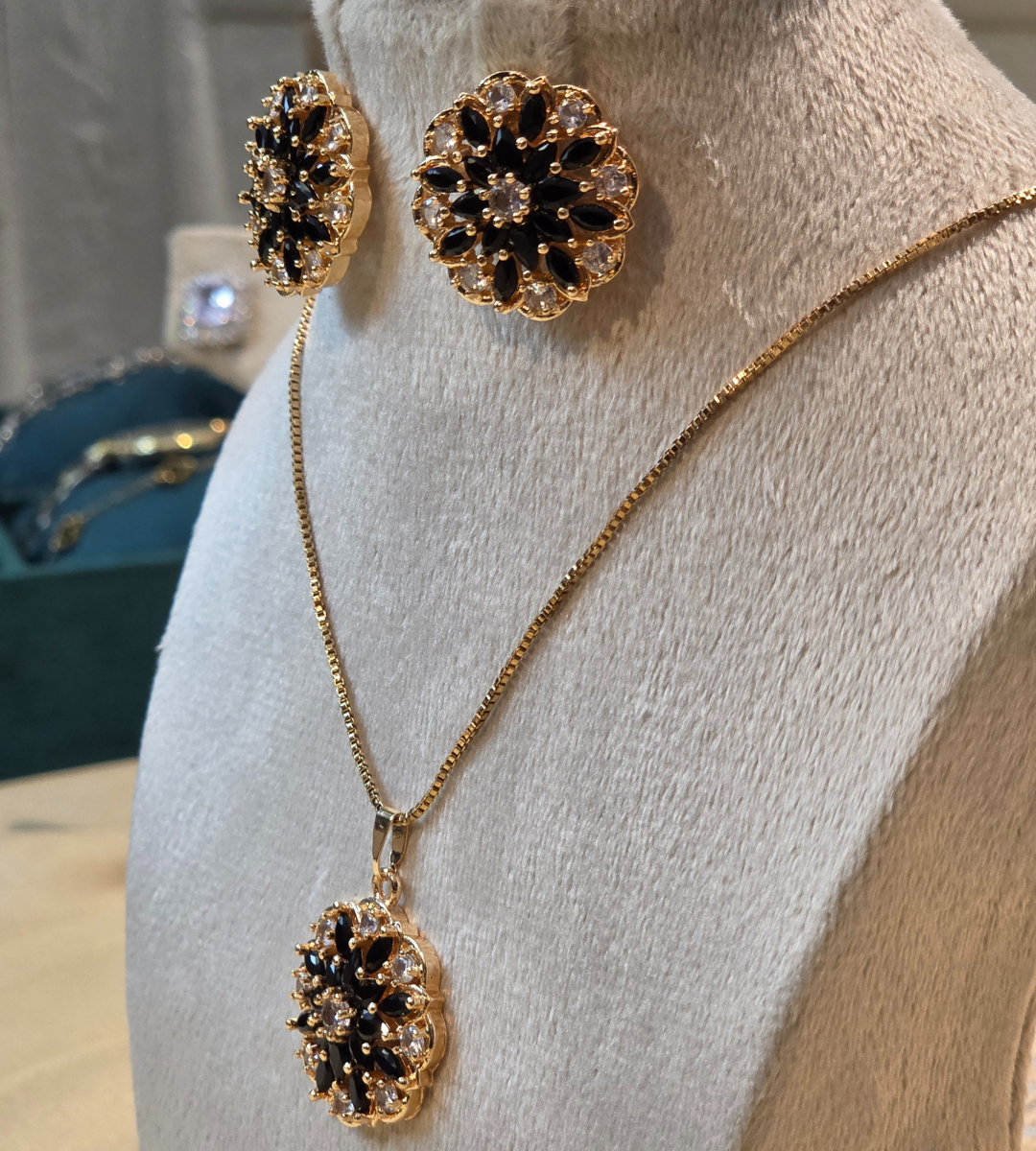 Gold-Plated Floral Pendant and Earring Set (Stone Color= Black)