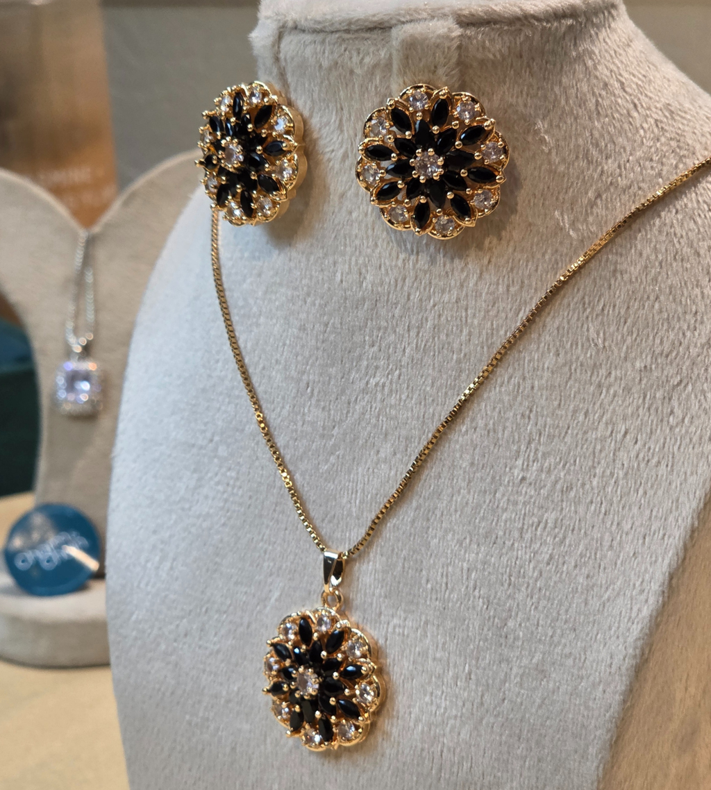 Gold-Plated Floral Pendant and Earring Set (Stone Color= Black)