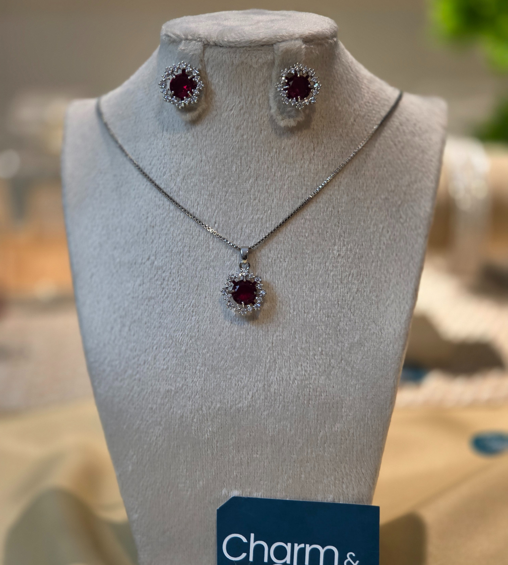 Red Zirconia Halo Necklace and Earrings Set