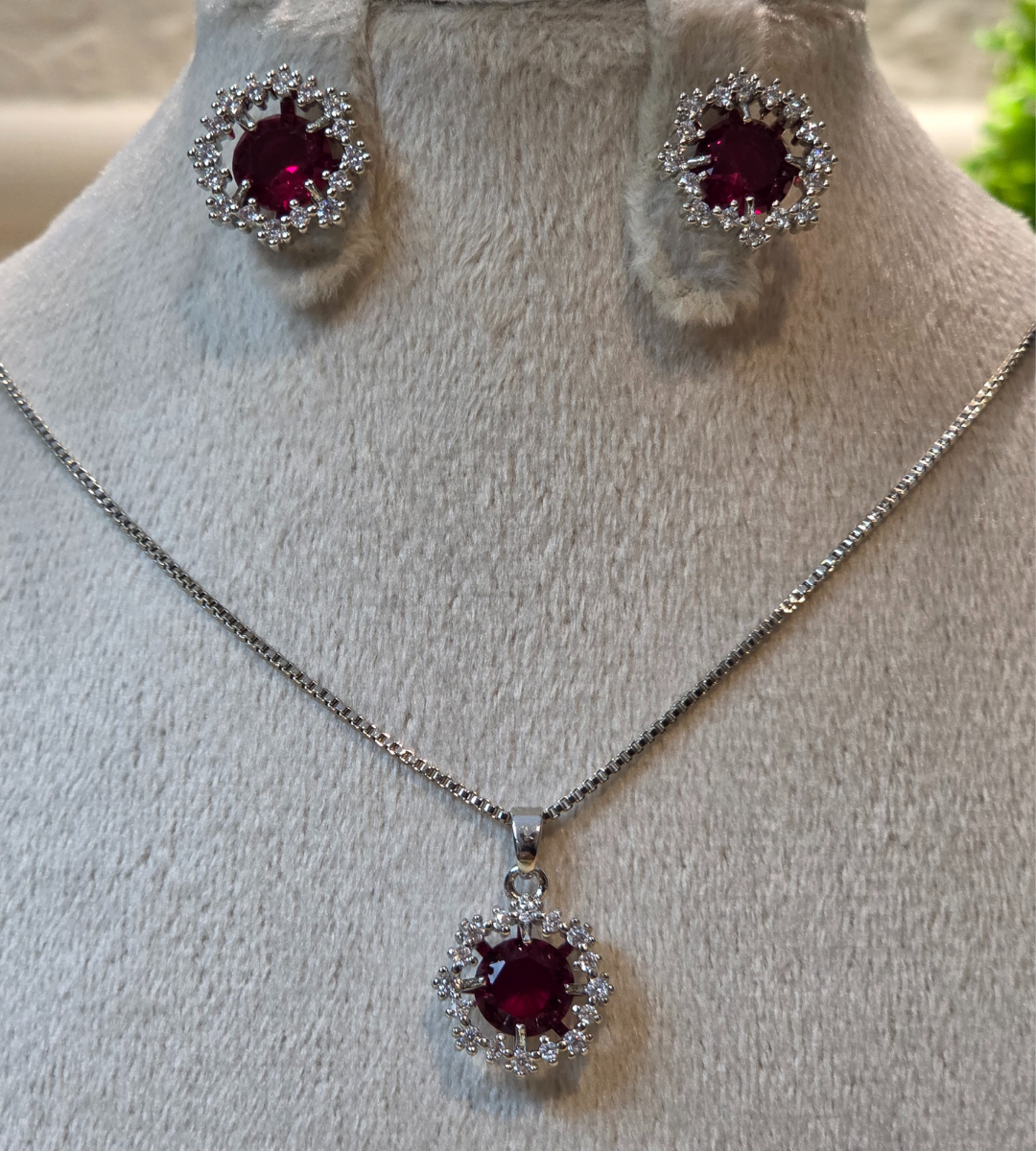 Red Zirconia Halo Necklace and Earrings Set