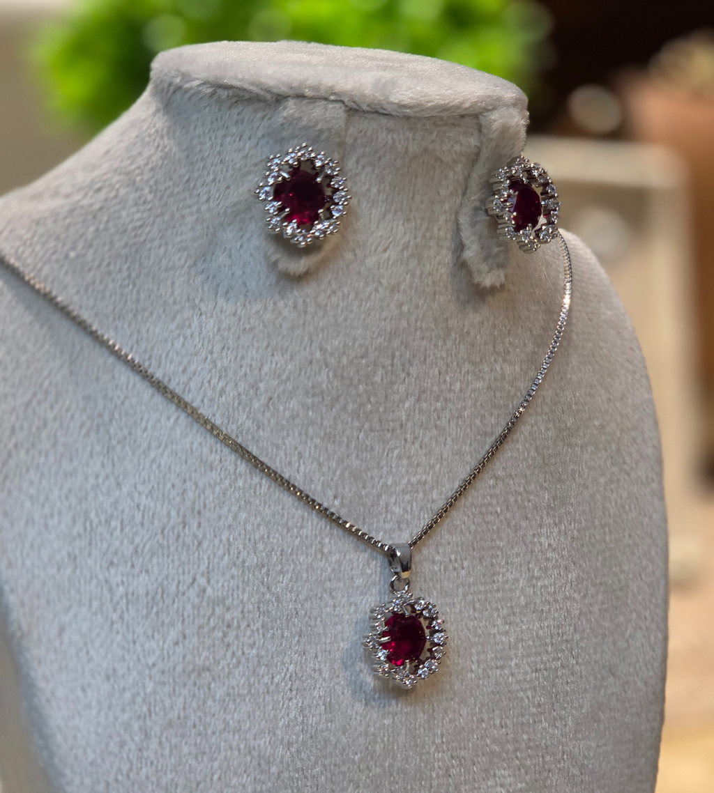 Red Zirconia Halo Necklace and Earrings Set