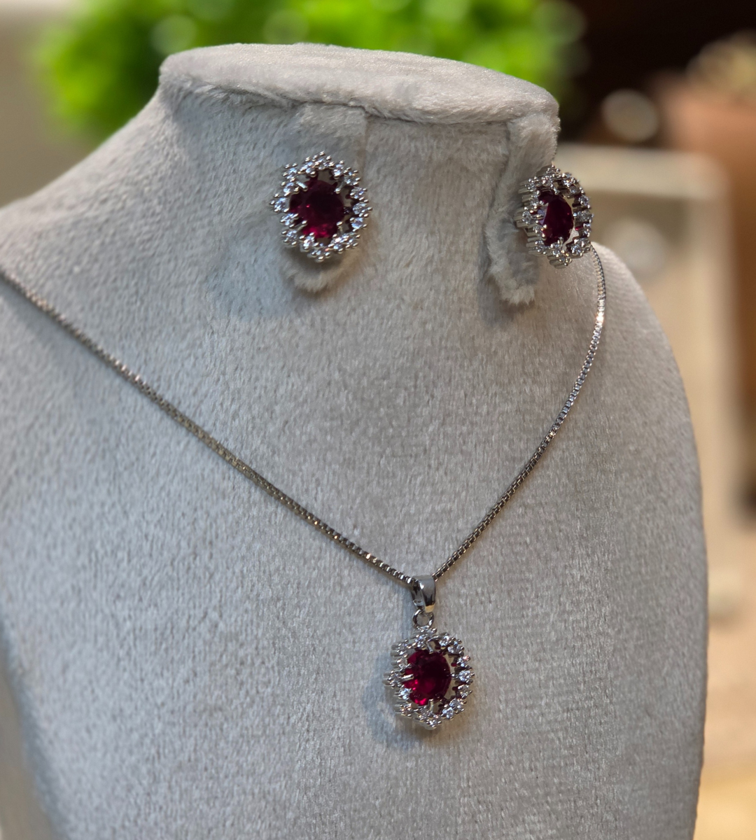 Red Zirconia Halo Necklace and Earrings Set