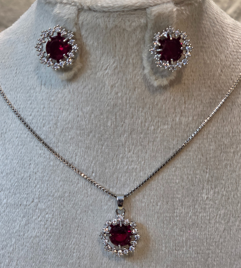 Red Zirconia Halo Necklace and Earrings Set