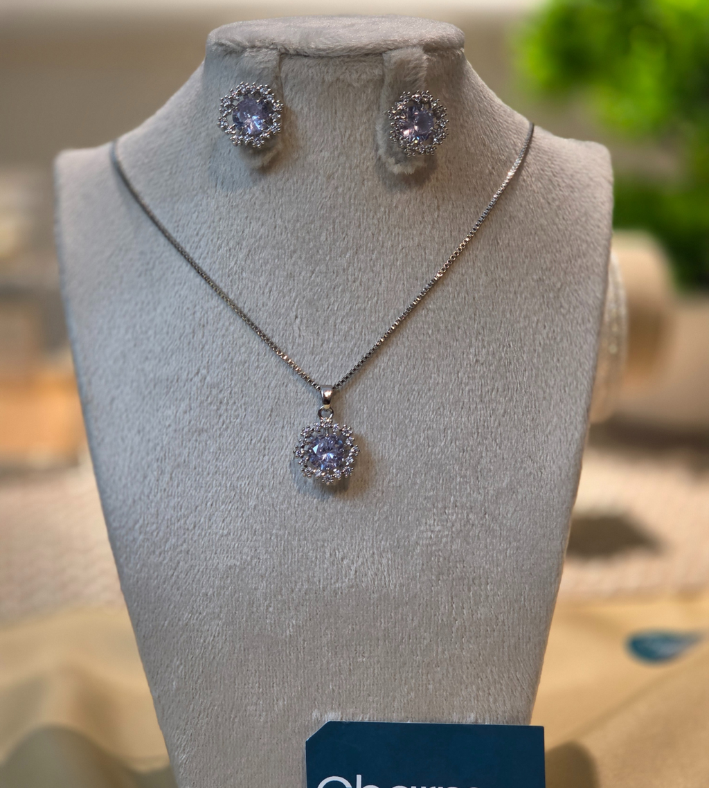 Crystal Zirconia Halo Necklace and Earrings Set