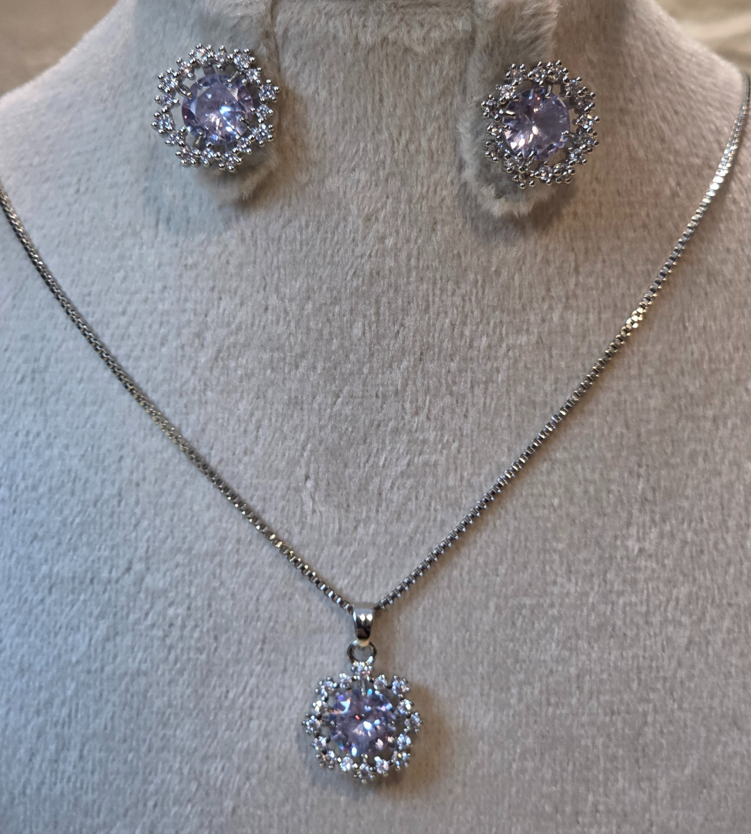 Crystal Zirconia Halo Necklace and Earrings Set