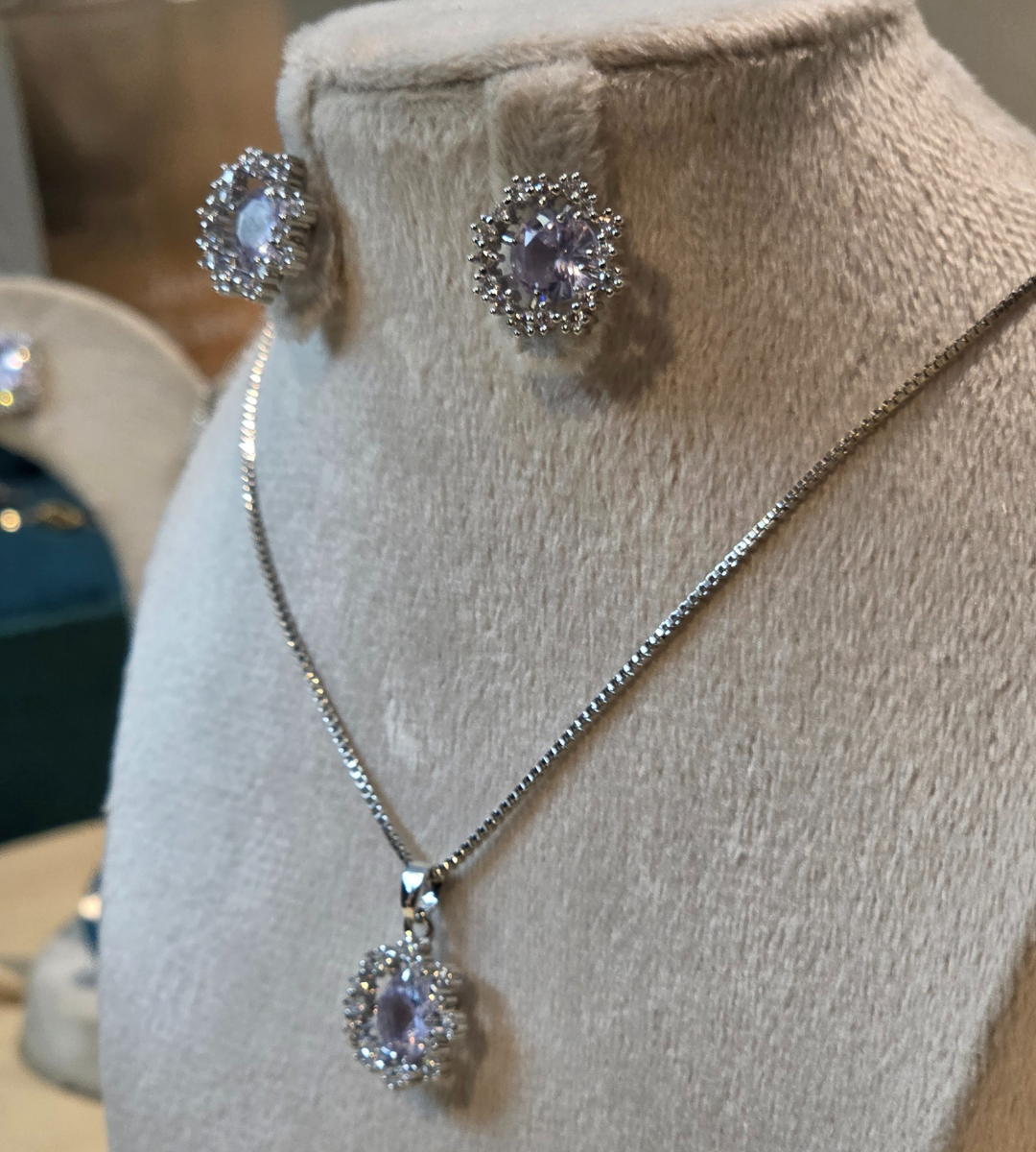 Crystal Zirconia Halo Necklace and Earrings Set