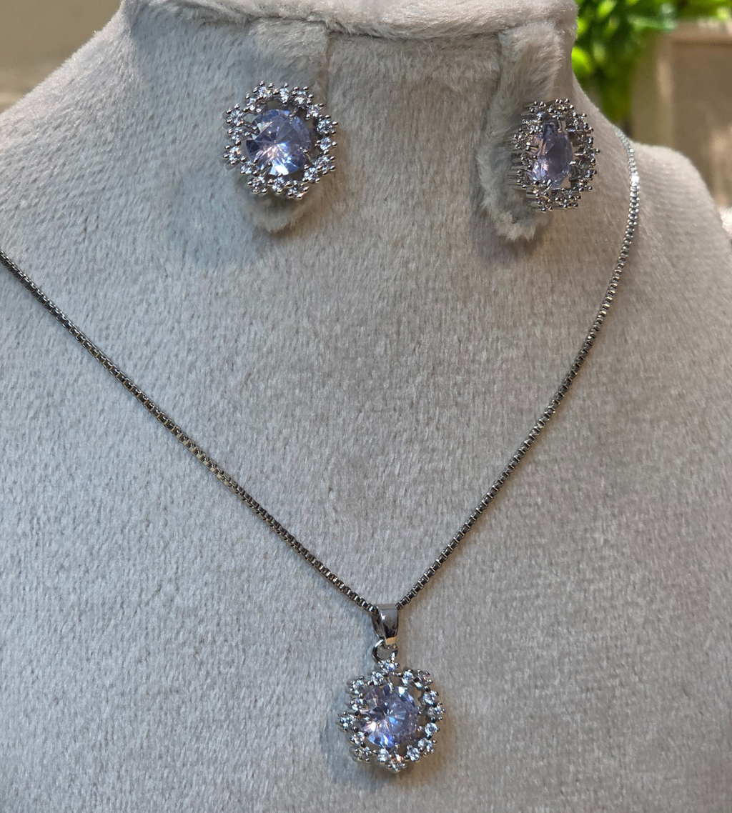 Crystal Zirconia Halo Necklace and Earrings Set