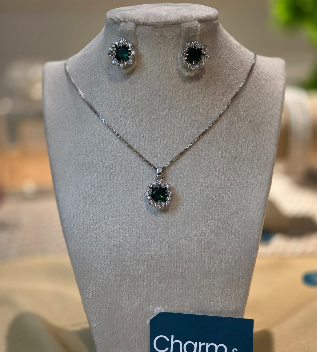 Emerald Zirconia Halo Necklace and Earrings Set