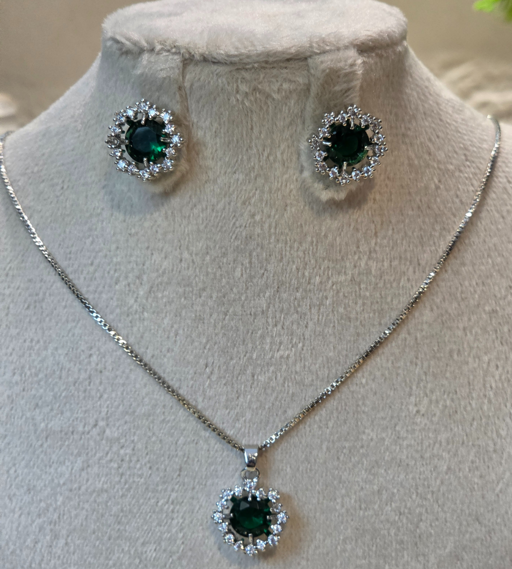 Emerald Zirconia Halo Necklace and Earrings Set