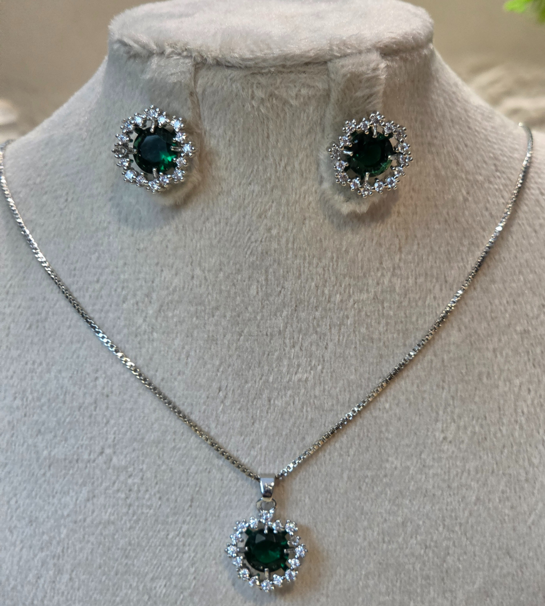 Emerald Zirconia Halo Necklace and Earrings Set