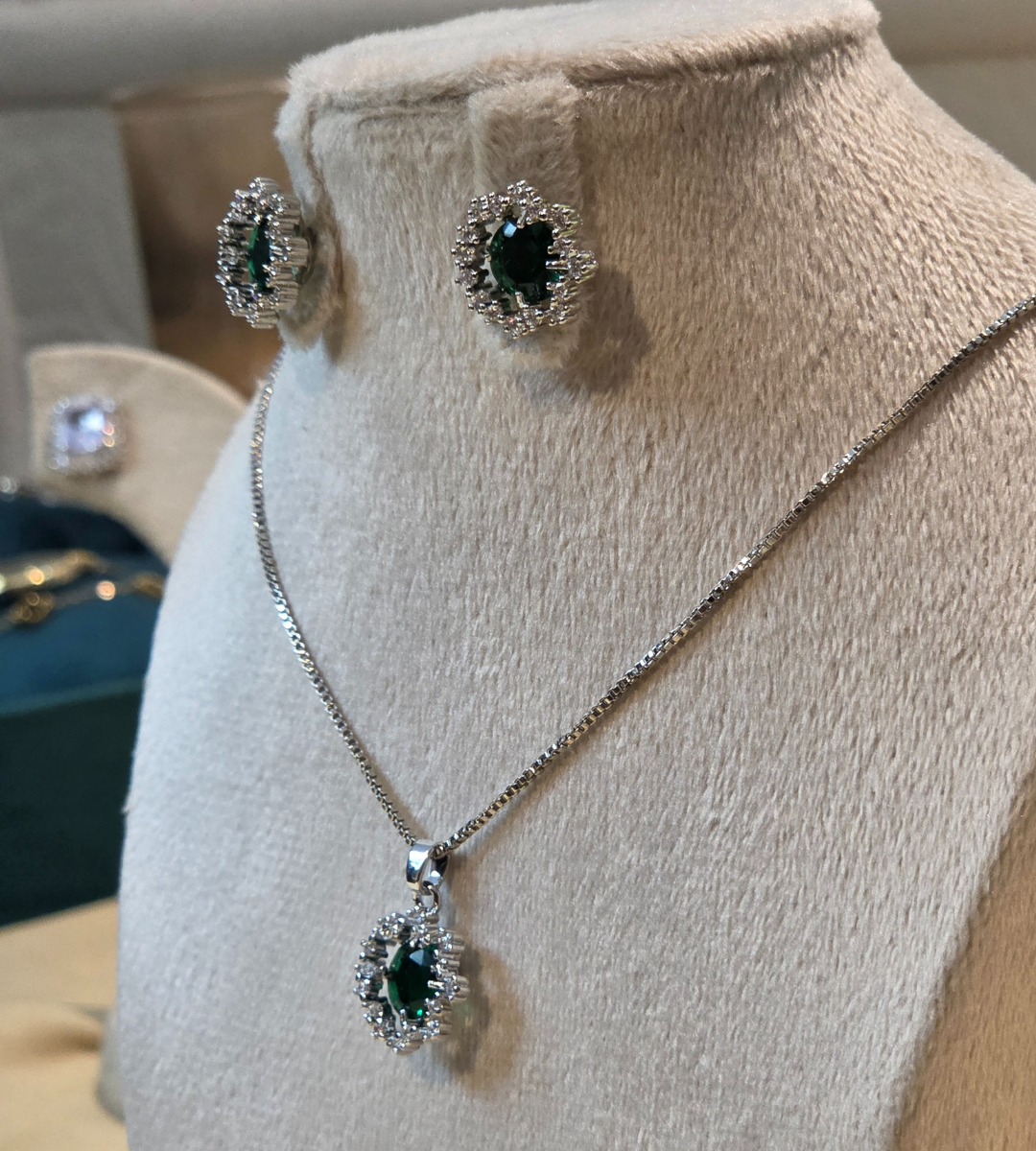 Emerald Zirconia Halo Necklace and Earrings Set