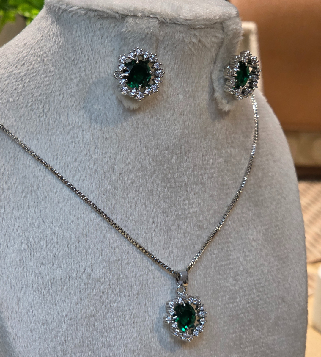 Emerald Zirconia Halo Necklace and Earrings Set