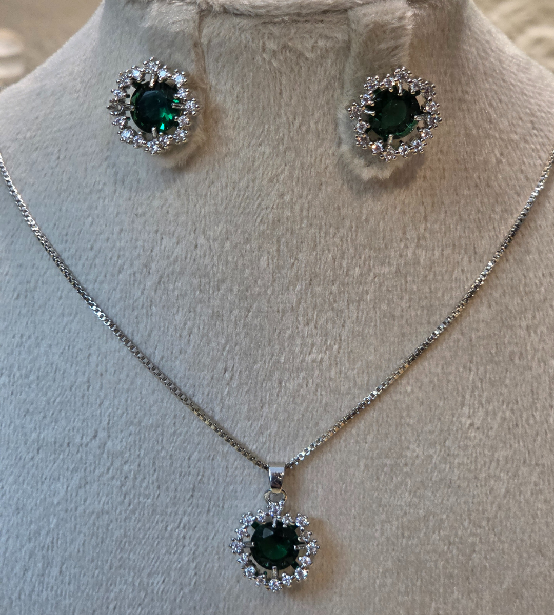 Emerald Zirconia Halo Necklace and Earrings Set