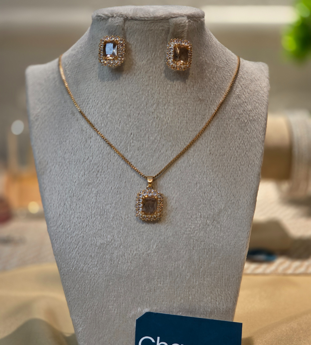 Champagne Crystal Square Halo Necklace and Earring Set