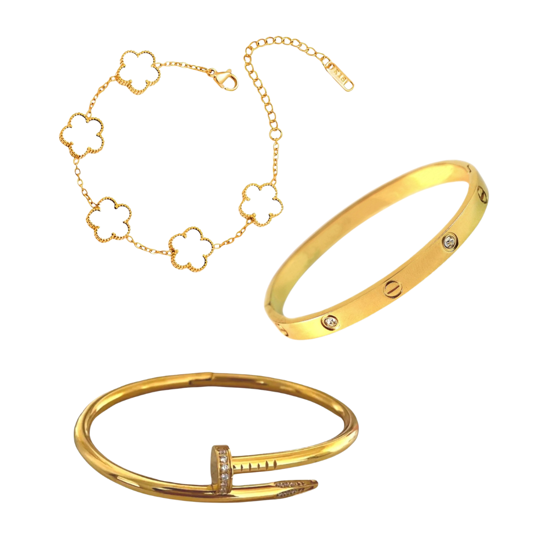 Cartier Love & Nail Bangle With White Clover Bracelet Stack Trio set
